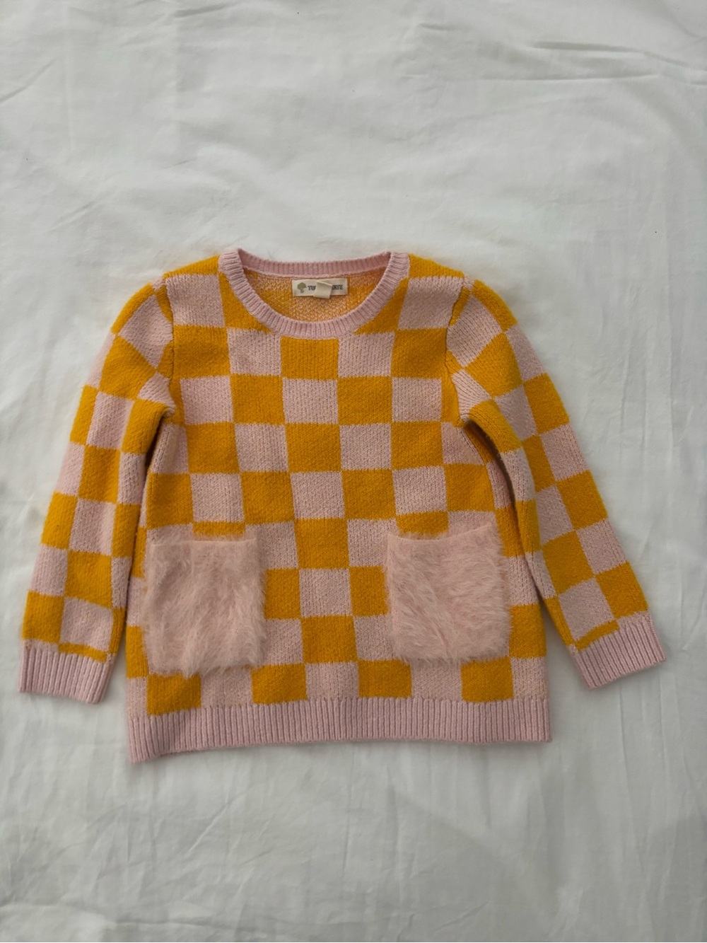 Tucker + Tate Pink and Mustard Checker Knit Sweater with Faux Fur Pockets